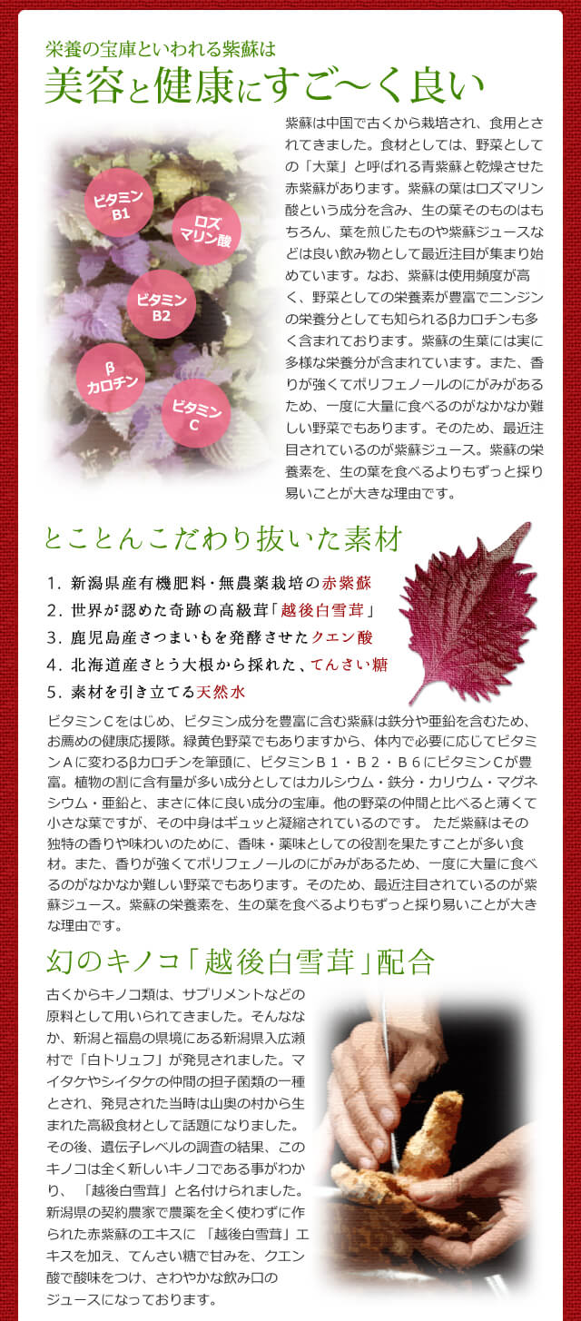 栄養の宝庫といわれる紫蘇は美容と健康に良い・とことんこだわり抜いた素材・幻のキノコ「越後白雪茸」配合
