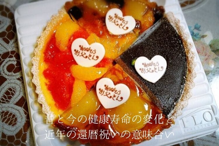 お父さんありがとうと書かれたチョコレートの飾りがついたフルーツケーキ