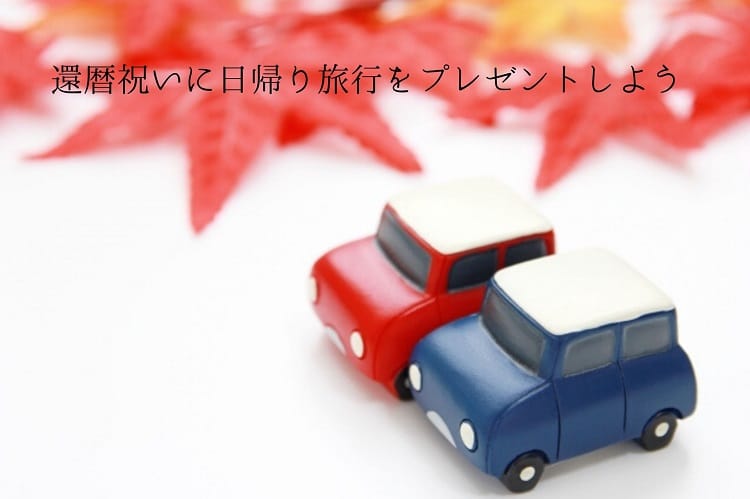 紅葉の葉っぱを背景に赤と青のミニチュアの車が並んで止まっている様子