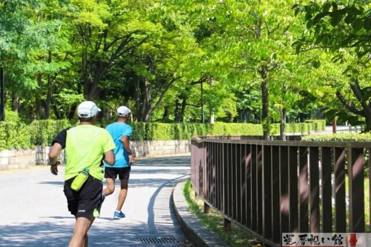 公園の歩道をランニングしている男性2人