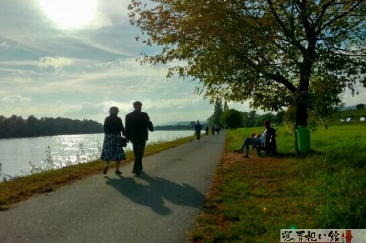 シニア夫婦が川辺で散歩している様子