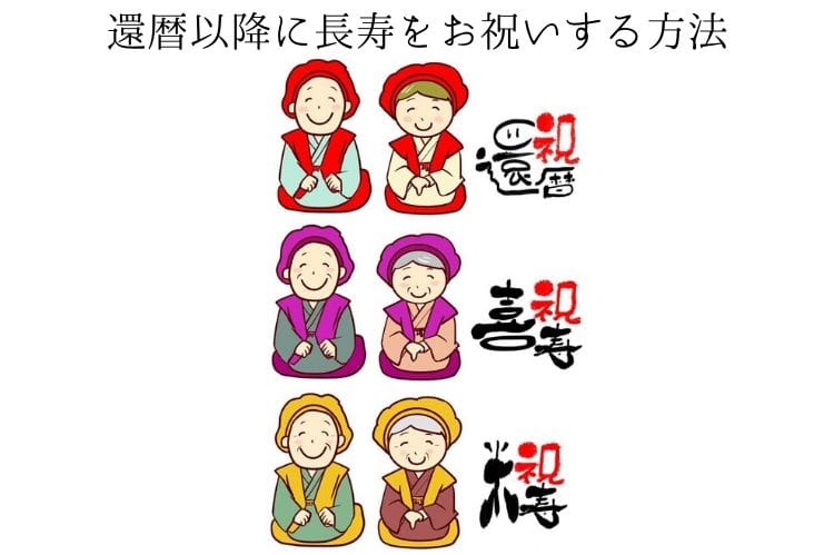 赤、紫、黄色のちゃんちゃんこと帽子をかぶった3組のシニア夫婦