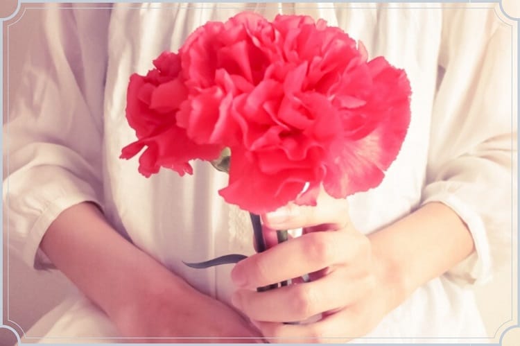 女性が赤いカーネーションを一輪手に握っている様子