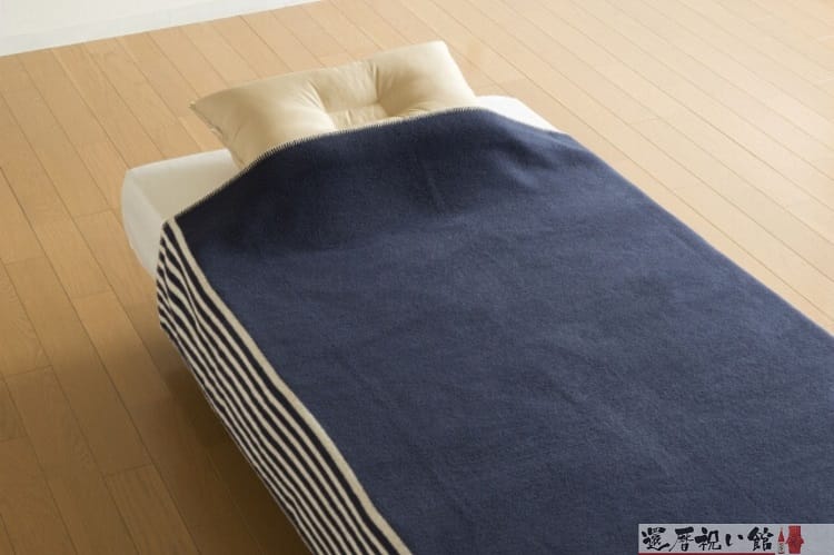 白い一人用ベッドに白い枕、青い布団掛けがかけられている