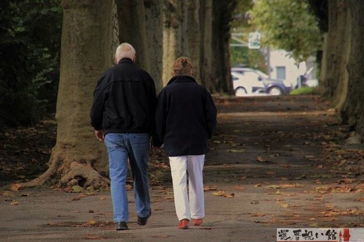 大きな木が植えてある歩道を歩くシニア夫婦の後ろ姿