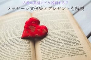 英語の本の上に布製の赤いハート型のクッションが置かれている