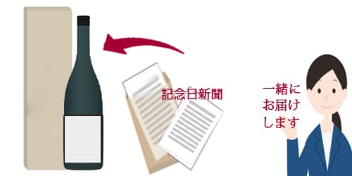 お酒のギフトに記念日新聞を一緒にお届けする主旨を描いたイラスト