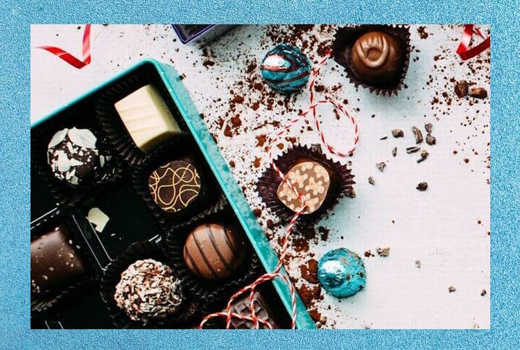 Assorted chocolates in a light blue box